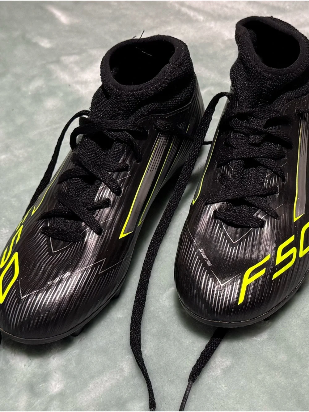adidas Kids F50 Soccer Cleats — Black with Neon Yellow Accents
